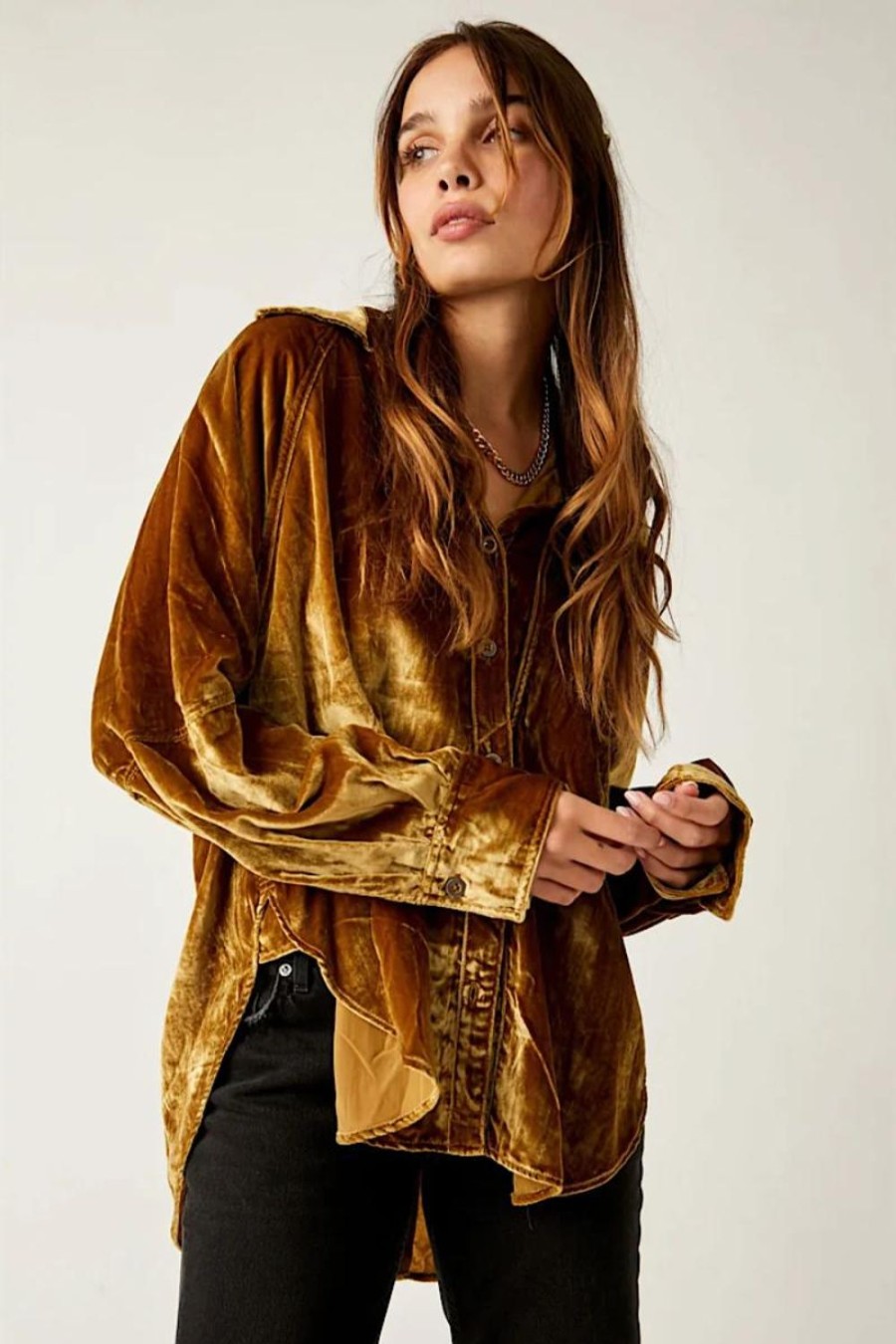 Fashion Free People | Free People | Night Skies Velvet Shirt | Golden Brown