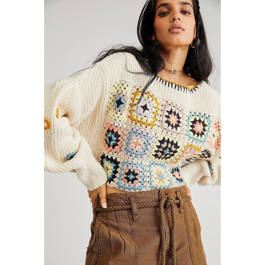 Fashion Free People | Free People | Dahlia Crochet Pullover | Antique Pearl Combo