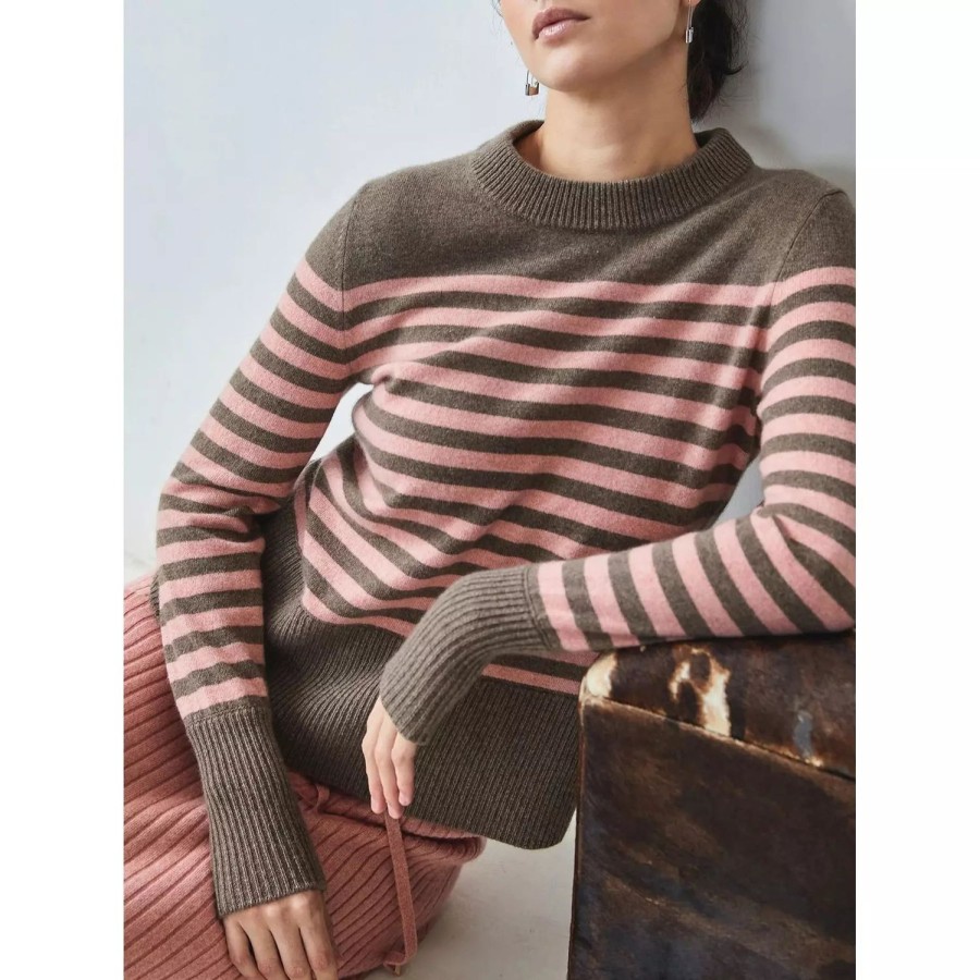 Fashion Aleger Cashmere | Aleger Cashmere | Cashmere Stripe Crew | Almond