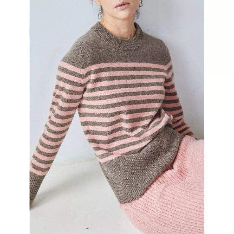 Fashion Aleger Cashmere | Aleger Cashmere | Cashmere Stripe Crew | Almond