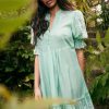 Fashion Once Was | Once Was | Occitan Embroidered Pleat Sleeve Dress | Seafoam