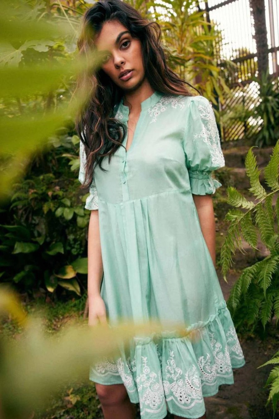 Fashion Once Was | Once Was | Occitan Embroidered Pleat Sleeve Dress | Seafoam